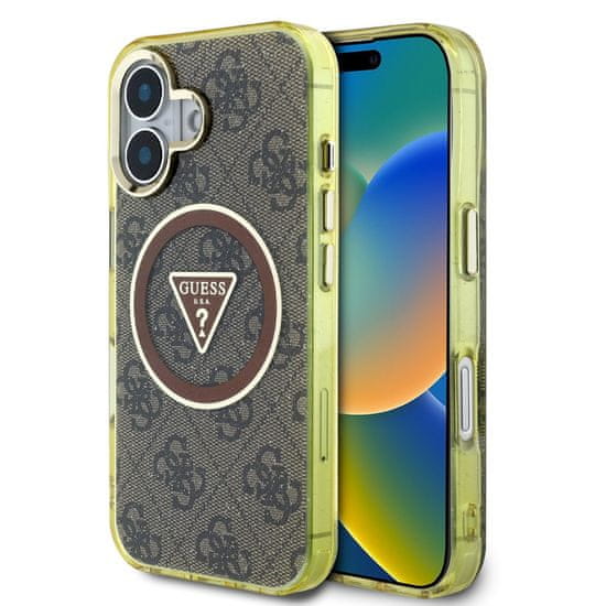 Guess Zadní kryt IML 4G Glitter and Triangle Logo MagSafe pro iPhone 16 Brown