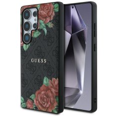 Guess Originální zadní kryt Leather 4G Flowers Print Metal Classic Logo MagSafe do Samsung Galaxy S25 Ultra černý