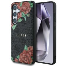 Guess Originální zadní kryt Leather 4G Flowers Print Metal Classic Logo MagSafe do Samsung Galaxy S25 black