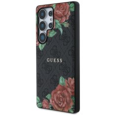 Guess Originální zadní kryt Leather 4G Flowers Print Metal Classic Logo MagSafe do Samsung Galaxy S25 Ultra černý