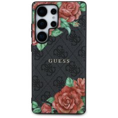 Guess Originální zadní kryt Leather 4G Flowers Print Metal Classic Logo MagSafe do Samsung Galaxy S25 Ultra černý