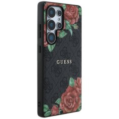 Guess Originální zadní kryt Leather 4G Flowers Print Metal Classic Logo MagSafe do Samsung Galaxy S25 Ultra černý