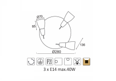 ACA  Přisazené bodové svítidlo KAMET max. 3x40W/E14/230V/IP20