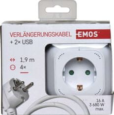 Emos Prodlužovací kabel - kostka 1,9 m / 4 zásuvky / bílý / PVC / s USB / 1,5 mm2