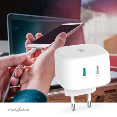 Nedis WCGPD45W100WT 45 W GaN rychlý USB nabíjecí adaptér 2.25 A / 3 A / 2x USB-C / bílá