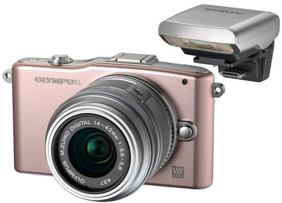 Olympus PEN E-PM1 silver/pink + 14-42mm silver + externí blesk FL-LM1