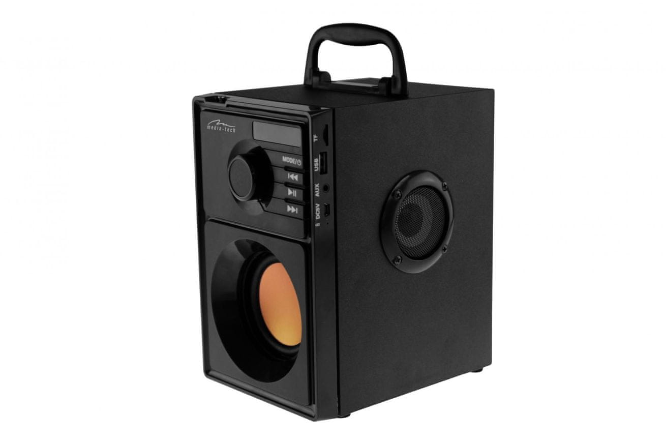 Kompaktný reproduktor MediaTech BOOMBOX BT USB drevený materiál subwoofer LED displej