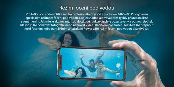  iGet Blackview GBV9600 Pro, Black, ovládání v rukavicích, focení a natáčení pod vodou, ovládání mokrýma rukama.