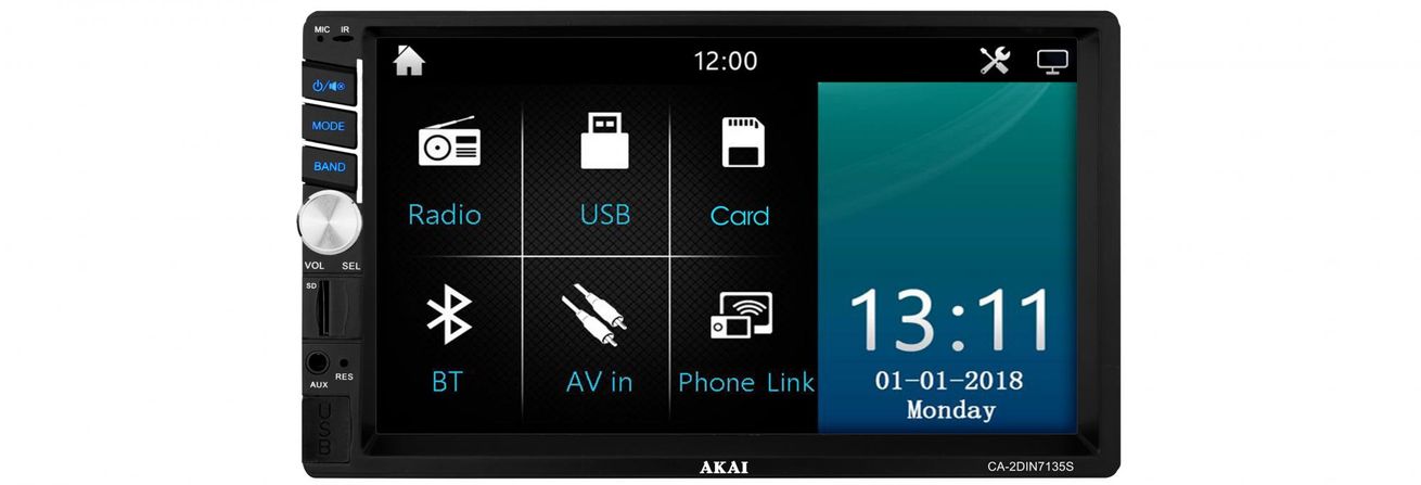 akai CA-2DIN7135S 7 palcový barevný displej 2din vysoké rozlišení 1080p Bluetooth připojení usb paměťová karta sd