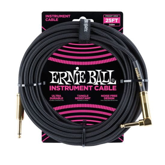 Ernie Ball 6058 25' Instrument Braided Cable - nástrojový kabel rovný / zahnutý pozlacený jack - 7.62m - černá barva