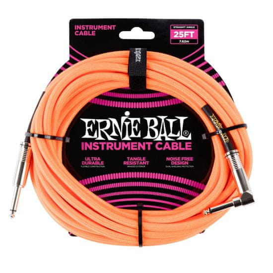 Ernie Ball 6067 25' Instrument Braided Cable - nástrojový kabel rovný / zahnutý jack - 7.62m - neonově oranžová barva