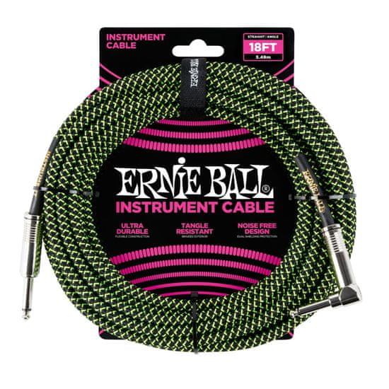 Ernie Ball 6082 18' Braided Straight / Angle Instrument Cable - Black / Green