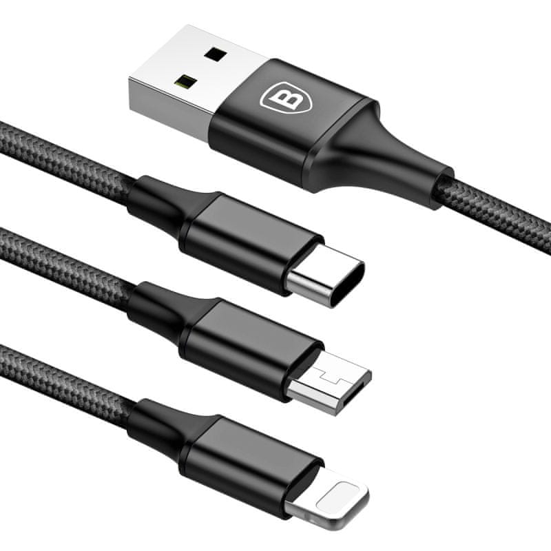  Baseus Rapid 3v1 nabíjecí kabel pro Micro USB, Lightning, Type-C 3A/1.2m, černá CAMLT-SU01 nabíjecí kabel