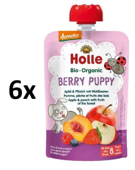 Holle Bio Berry Puppy 100% ovocné pyré jablko, broskev a lesní plody - 6 x 100g