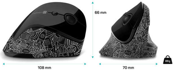 Connect IT VERTICAL Ergonomic, doodle, (CMO-2705-DD) bezdrátová vertikální soft-touch 1 600 DPI Plug and Play karpální tunel