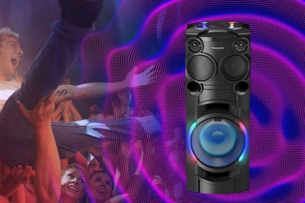 bytelný přenosný párty reproduktor panasonic tmax40 bluetooth 5.0 světelné efekty bassreflex karaoke výkon 1200 w bassreflex konstrukce fm rádio cd mechanika usb port i s nabíjením