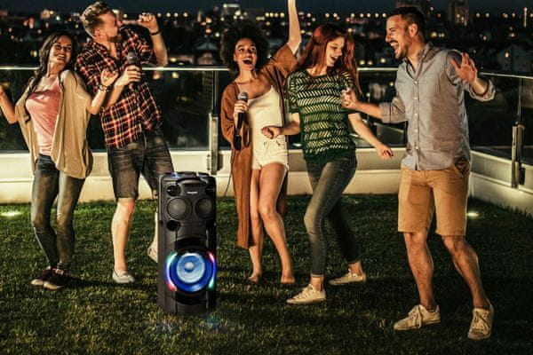 bytelný přenosný párty reproduktor panasonic tmax40 bluetooth 5.0 světelné efekty bassreflex karaoke výkon 1200 w bassreflex konstrukce fm rádio cd mechanika usb port i s nabíjením