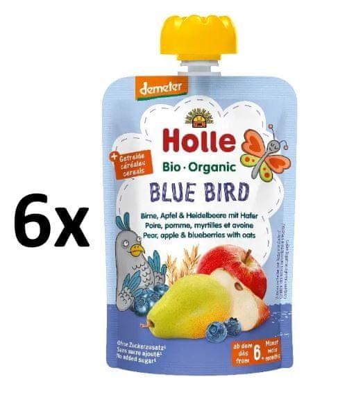 Holle Bio Blue Bird 100% ovocné pyré hruška, jablko, borůvky, vločky - 6 x 100g