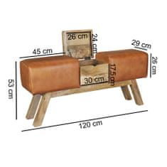 Bruxxi Kožená lavice s dřevěným boxem, 120 cm, hnědá