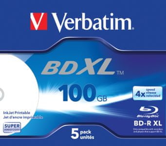 balení blu-ray disků Verbatim BD-R XL 100GB, 4×, printable, jewel case 5 ks (43789) 100 GB rychlý  záznam hardcoat