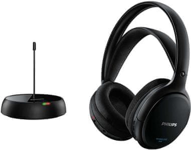 philips shc5200 bezdrátový přenos fm 100m dosah 2 kanály 32mm měniče uzavřený akustický systém pohodlné ovládání 14h výdrž nabíjecí dok automatické vypnutí