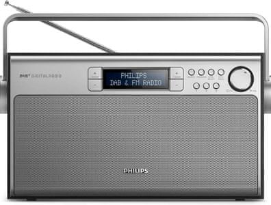 philips ae5220 klasický stolní design fm a dab+ tuner digitální ladění 20 předvoleb mono zvukový sstém fm anténa lcd podsvícený displej síťový nebo bateriový provoz madlo