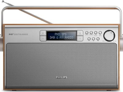 philips ae5220 klasický stolní design fm a dab+ tuner digitální ladění 20 předvoleb mono zvukový sstém fm anténa lcd podsvícený displej síťový nebo bateriový provoz madlo