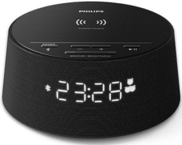 philips tapr702 bluetooth radiobudík funkce nabíjení qi usb port snooze časovač buzení síťový provoz velký led displej reproduktor výkon 4 w celkem stereo zvuk