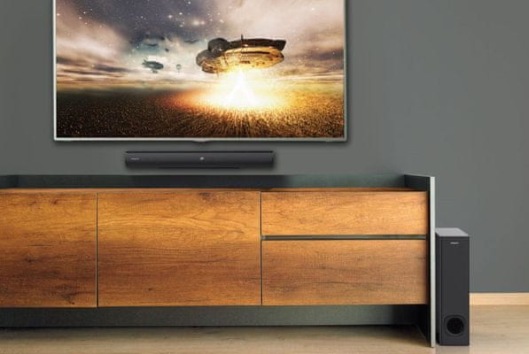 creative stage dvd reproduktor soundbar subwoofer výkon 160 w Bluetooth dosah 10 m aux vstup optický vstup hdmi tv arc ekvalizér dálkové ovládání basový zvuk