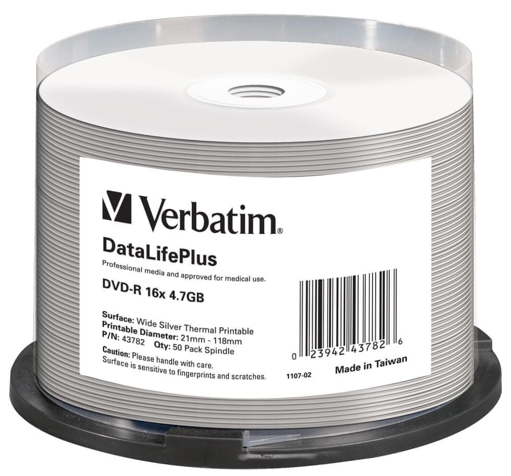 Verbatim DVD-R DataLifePlus 4,7GB, 16x, silver thermal printable, spindle 50 ks (43782)