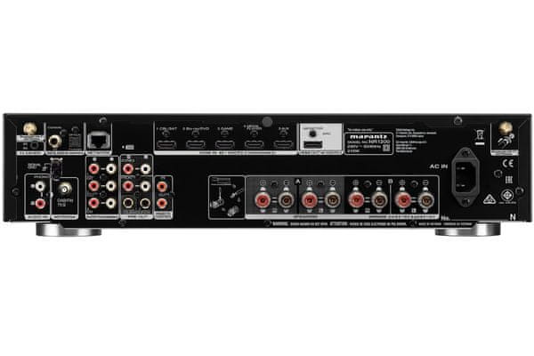 av receiver marantz nr1200 snížené tělo s útlým profilem dvoukanálové provedení výkon 75 w na kanál 5 hdmi vstupů 1 hdmi arc výstup hdcp 4k ultra hd pure color hlg hdr10 3d bt.2020 hifi konstrukce alac flac wav vysoké rozlišení zvuku heos technologie spotify amazon music tunein deezer airplay2 fm dab+ tuner wifi Bluetooth ovládání hlasem siri alexa google assistant dálkové ovládání allm hdmi-cec