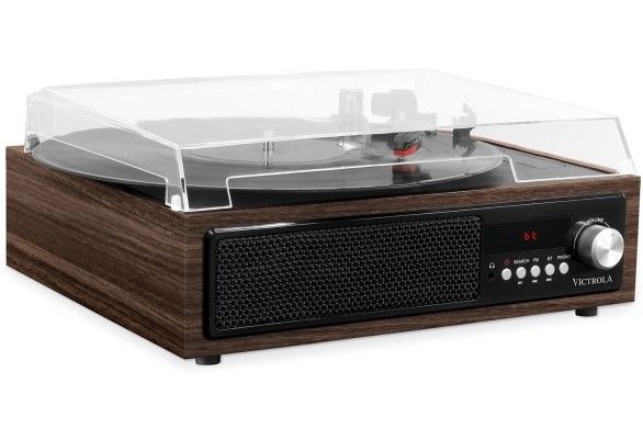 minimalistický retro gramofón Victrola VTA-67 design retro 3 rýchlosti otáčok 33 45 78 FM rádio tuner bluetooth RCA slúchadlový výstup