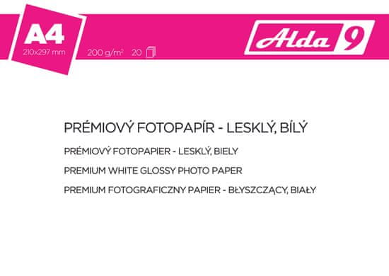 Alda9 Fotopapír A4 200 g/m2, premium lesklý, bílý, 20 listů