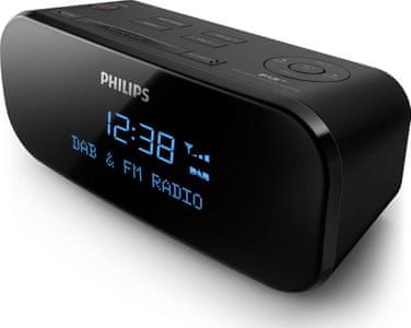 radiobudík philips ajb3000/12 velký jasný displej modré podsvícení dab+ fm tuner digitální ladění 20 předvoleb vestavěný reproduktor o výkonu 1 w funkce dvojitého alarmu buzení tónem nebo rádiem časovač automatického vypnutí záložní baterie