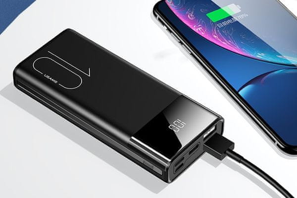 USAMS US-CD97 Dual USB Power Bank 10000mAh Black 2449921 rýchle nabíjanie 2.1 A kompaktná ľahká li-pol batéria dva výstupy nabíjanie 2 zariadení súčasne plné nabitie powerbanky zo siete lcd displej ukazujúci stav batérie