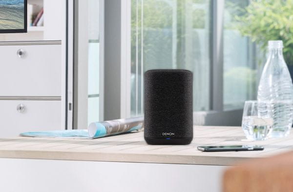 bezdrátový reproduktor denon home 150 elegantní minimalistický heos amazon music spotify google assistant amazon alexa apple airplay špičkové širokopásmové měniče 3 tlačítka rychlé volby  tune in deezer tidal dotekový senzor bluetooth  flac wav alac dsd wifi aux in rj-45 usb síťové napájení