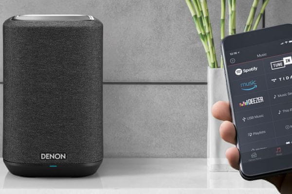 bezdrátový reproduktor denon home 150 elegantní minimalistický heos amazon music spotify google assistant amazon alexa apple airplay špičkové širokopásmové měniče 3 tlačítka rychlé volby  tune in deezer tidal dotekový senzor bluetooth  flac wav alac dsd wifi aux in rj-45 usb síťové napájení