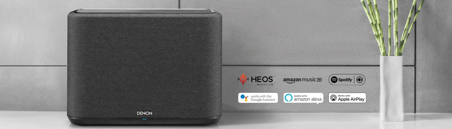 bezdrátový reproduktor denon home 250 elegantní minimalistický heos amazon music spotify google assistant amazon alexa apple airplay špičkové širokopásmové měniče 3 tlačítka rychlé volby  tune in deezer tidal dotekový senzor bluetooth  flac wav alac dsd wifi aux in rj-45 usb síťové napájení