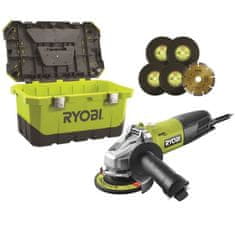 RYOBI Úhlová bruska RYOBI, 125 mm, 800 W, se sadou nástrojů a 6 kotouči