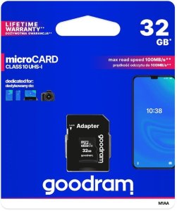 Paměťová karta Goodram microSDHC 32 GB M1AA, UHS-I Class 10, U1 + adaptér (M1AA-0320R12) microSDHC SDHC adaptér, vysoká kapacita