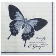 Lene Bjerre Papírové ubrousky MOLLY, bílé s modrým motýlem, 40 x 40 cm