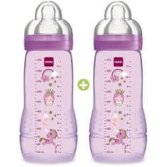 shumee Barevná kojenecká láhev MAM Easy Active 2nd Age - 330 ml - od 6 měsíců - Dudlík Flow X - Sada 2 holčiček