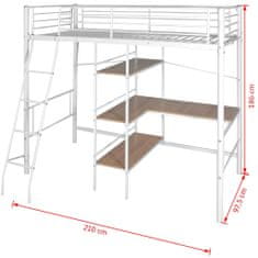 Greatstore Vysoká postel s psacím stolem bílo-hnědá kov 90 x 200 cm