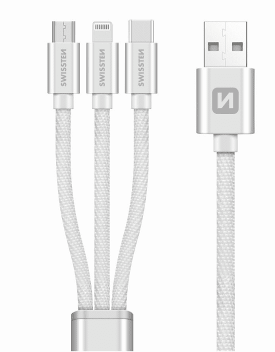 SWISSTEN DATOVÝ KABEL TEXTILE 3in1 MFi 1,2 M BÍLÝ (72501102)