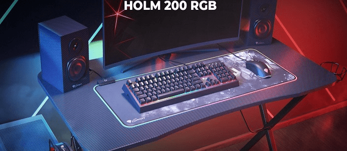 Stôl na hranie Genesis Holm 200, RGB LED, čierny (NDS-1606), stôl k počítaču, cable managment, USB rozbočovač, bezdrôtové nabíjanie, integrovaná nabíjačka, držiak na pitie, držiak na slúchadlá, polička na monitor