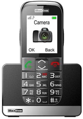 Maxcom MM720, mobil pro seniory, velká tlačítka, SOS tlačítko, fotokontakty, jednoduché ovládání, nabíjecí stojánek