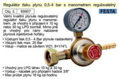 Festa Regulátor tlaku plynu 0,5-4bar manometr regulovatelný, vhodný pro plynové hořáky, W21,8