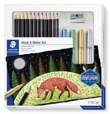 Staedtler Barevné pastelky "Design Journey Black and White", sada 12 barev + 4 metal. popisovačů, ořezávátko, 61 149C