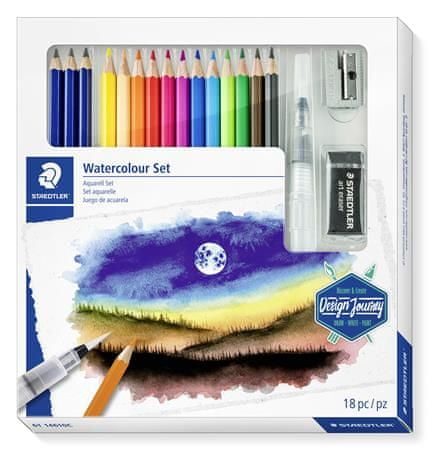 Staedtler Akvarelové pastelky "Design Journey", sada 12ks, se štětcem, pryží, ořezávátkem, graf. tužkami 61 14610C