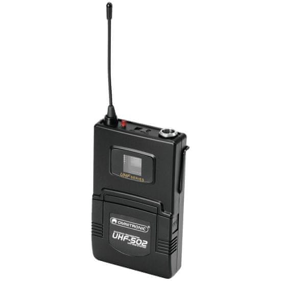 Omnitronic UHF-502, kapesní bezdrátový vysílač 823-832MHz s klopovým mikrofonem